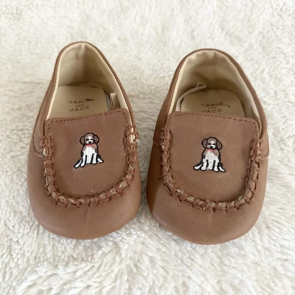 Janie & Jack Infant Brown Leather Moccasins 12-18 Months Embroidered Dog Design
